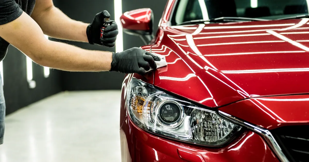 Technician applying ceramic coating to the hood of a glossy red car